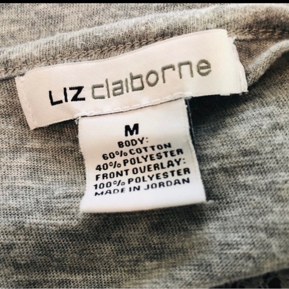 LIZ ClAIBORNE Gray Top w Lace overlay Round neck, Short sleeves, Front lined M - Picture 6 of 6
